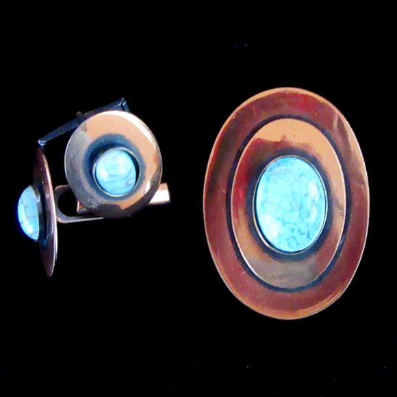 Vintage copper & turquoise brooch/pendant & cufflink set - unisex -MCM to Modern - Picture 1 of 9